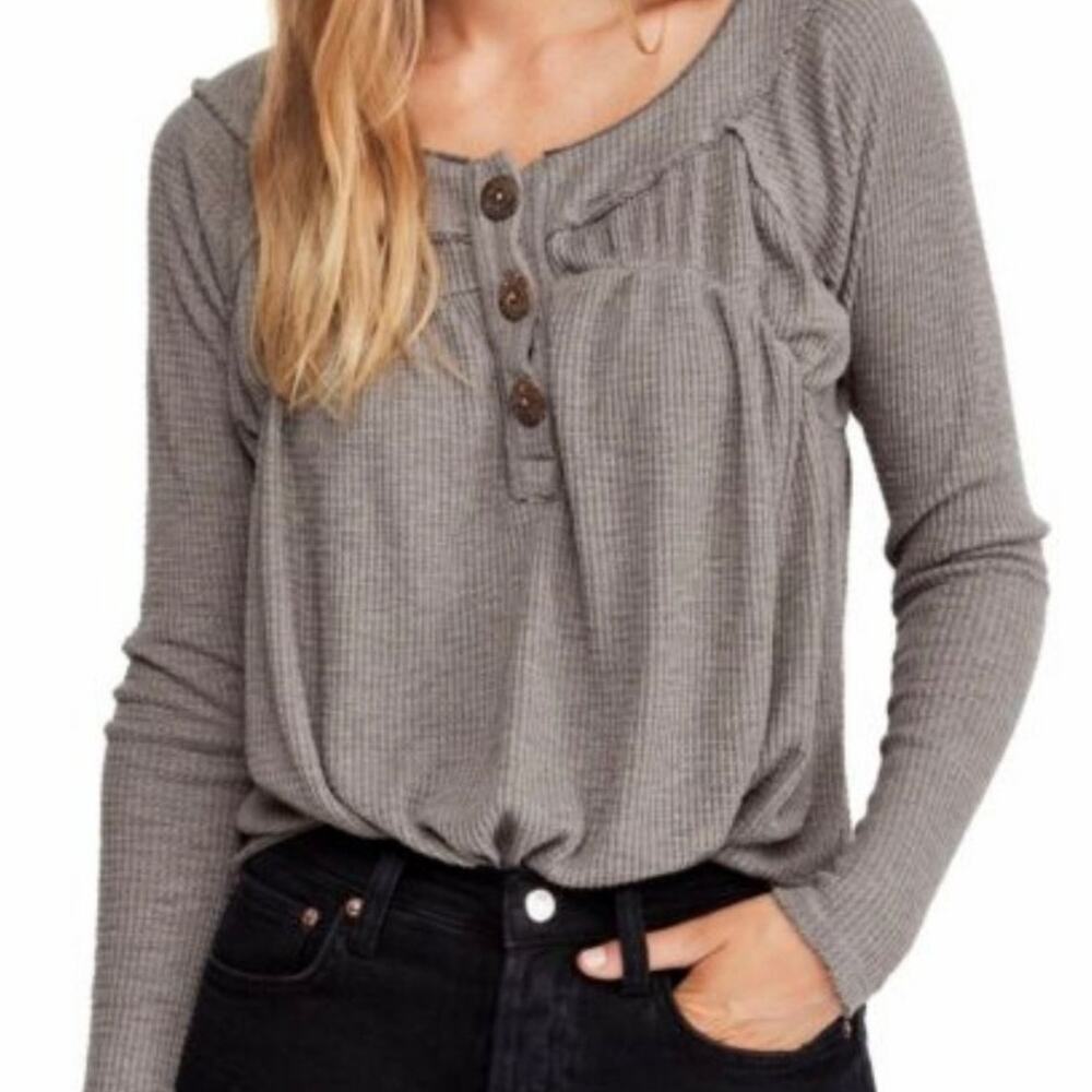 Free People Taupe Gray Waffle Henley Long Sleeve Top